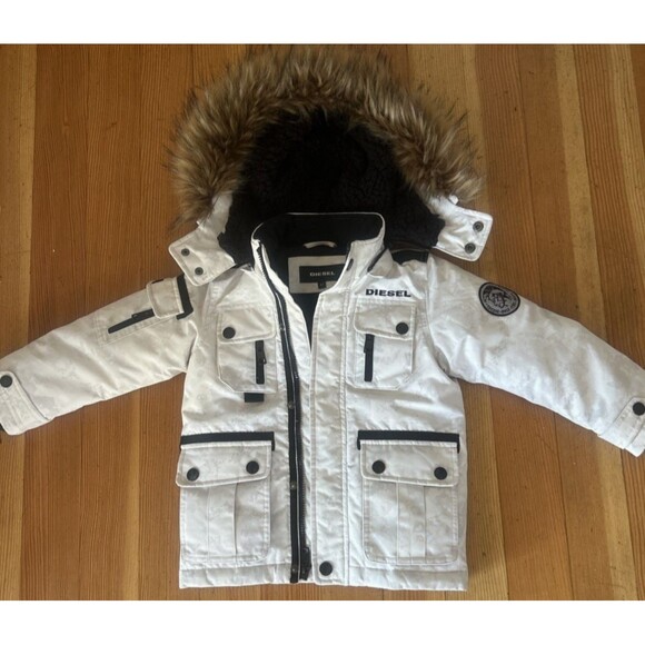 Diesel Boys Jacket Lt Gray Camo Puffer Parka w/Fur Trim Sz 4 Warm Cargo Pockets - Picture 2 of 12
